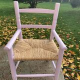 Fauteuil enfant vintage en bois rose et paille