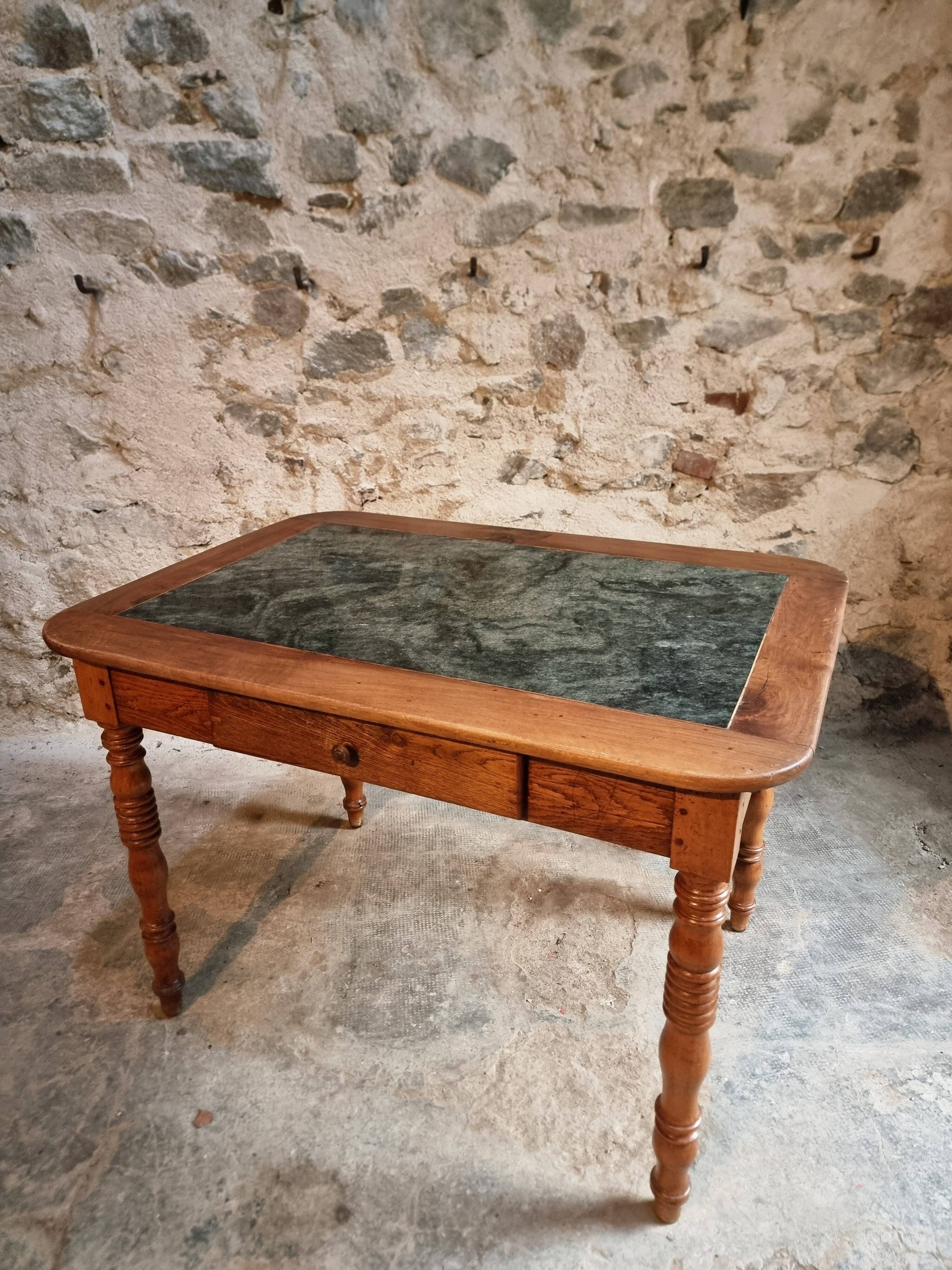 French vintage dining/desk table – oak and walnut – marble top – 1960s writing table with drawer