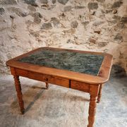 French vintage dining/desk table – oak and walnut – marble top – 1960s writing table with drawer