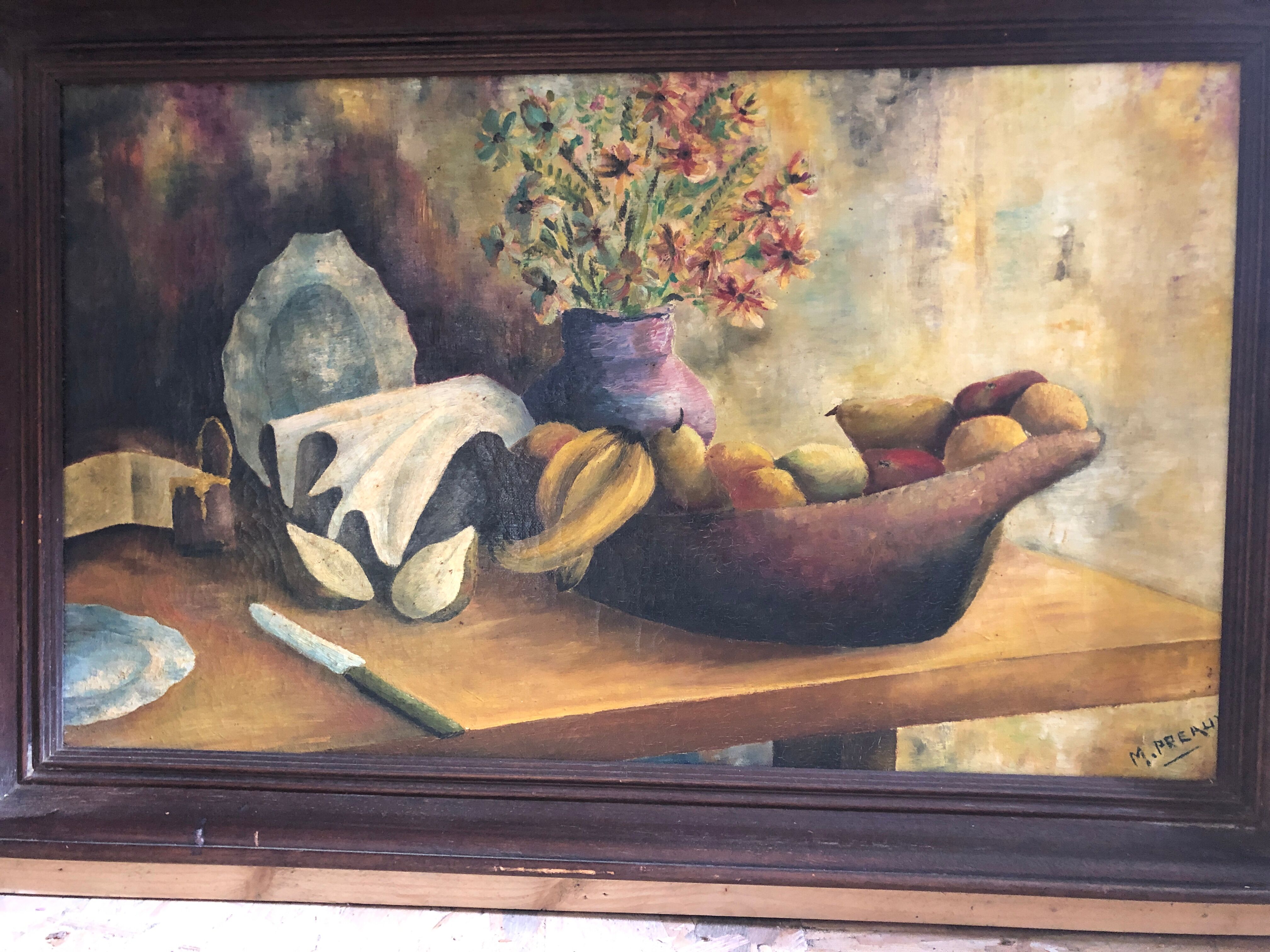 Painting old oil on canvas m. preaux still life + vintage wood frame