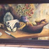 Tableau ancien huile sur toile M. Preaux nature morte + cadre bois vintage