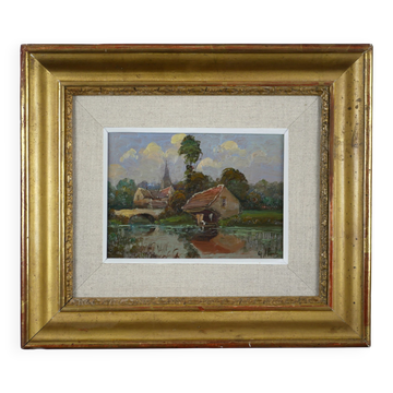 Lavandière au lavoir - Ancienne peinture à l’huile signée Gilbert