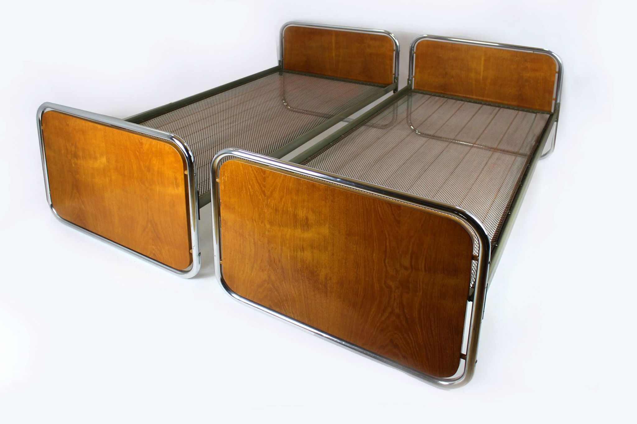 Bauhaus Oak and Tubular Steel Beds, 1940s, Set of 2