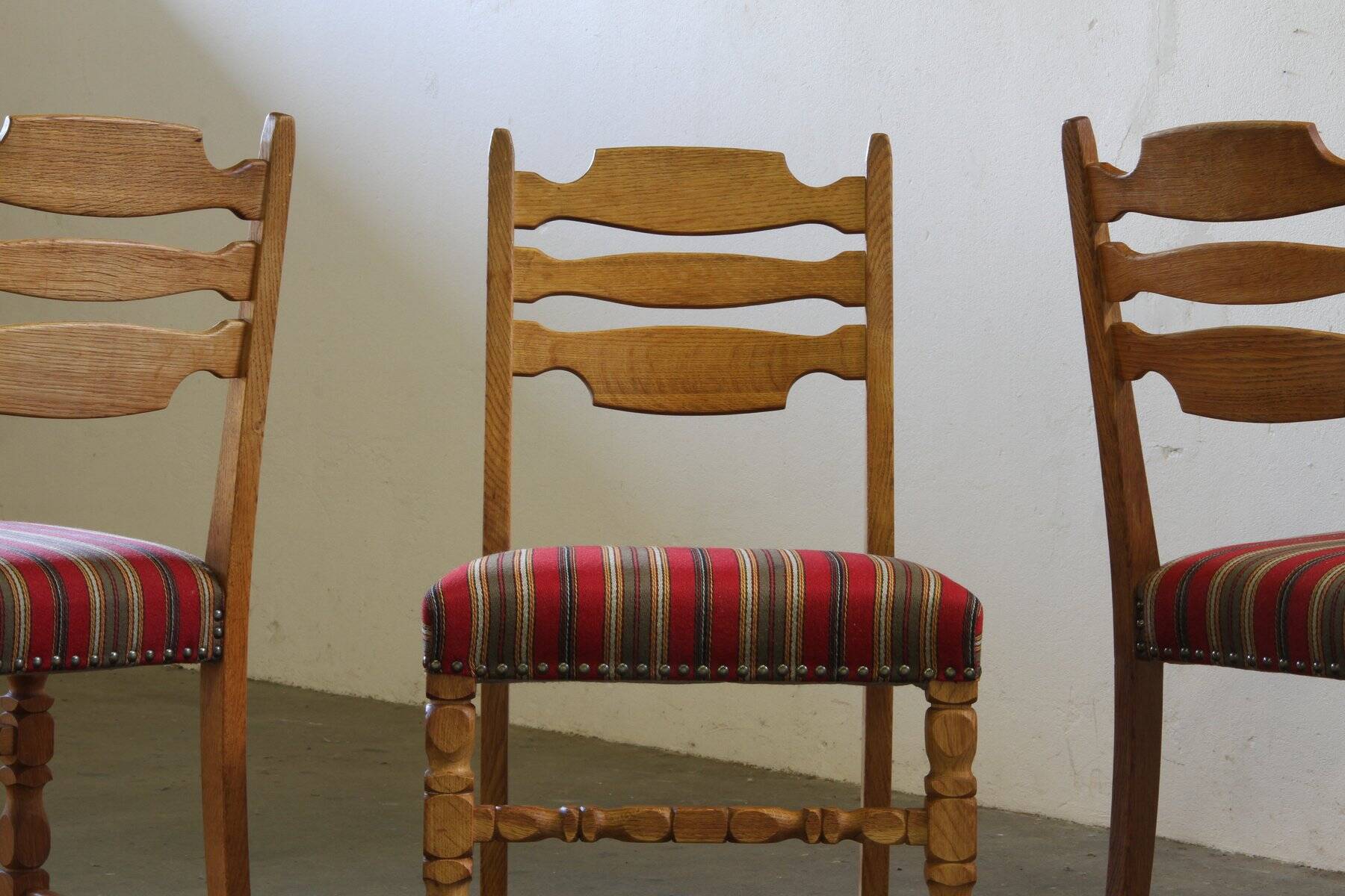 Danish modern brutalist oak dining chairs by Henning Kjærnulf, 1960s, set of 6