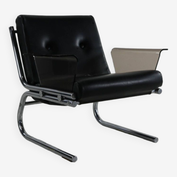 Belgian seventies design lounge chair with plexiglass armrests