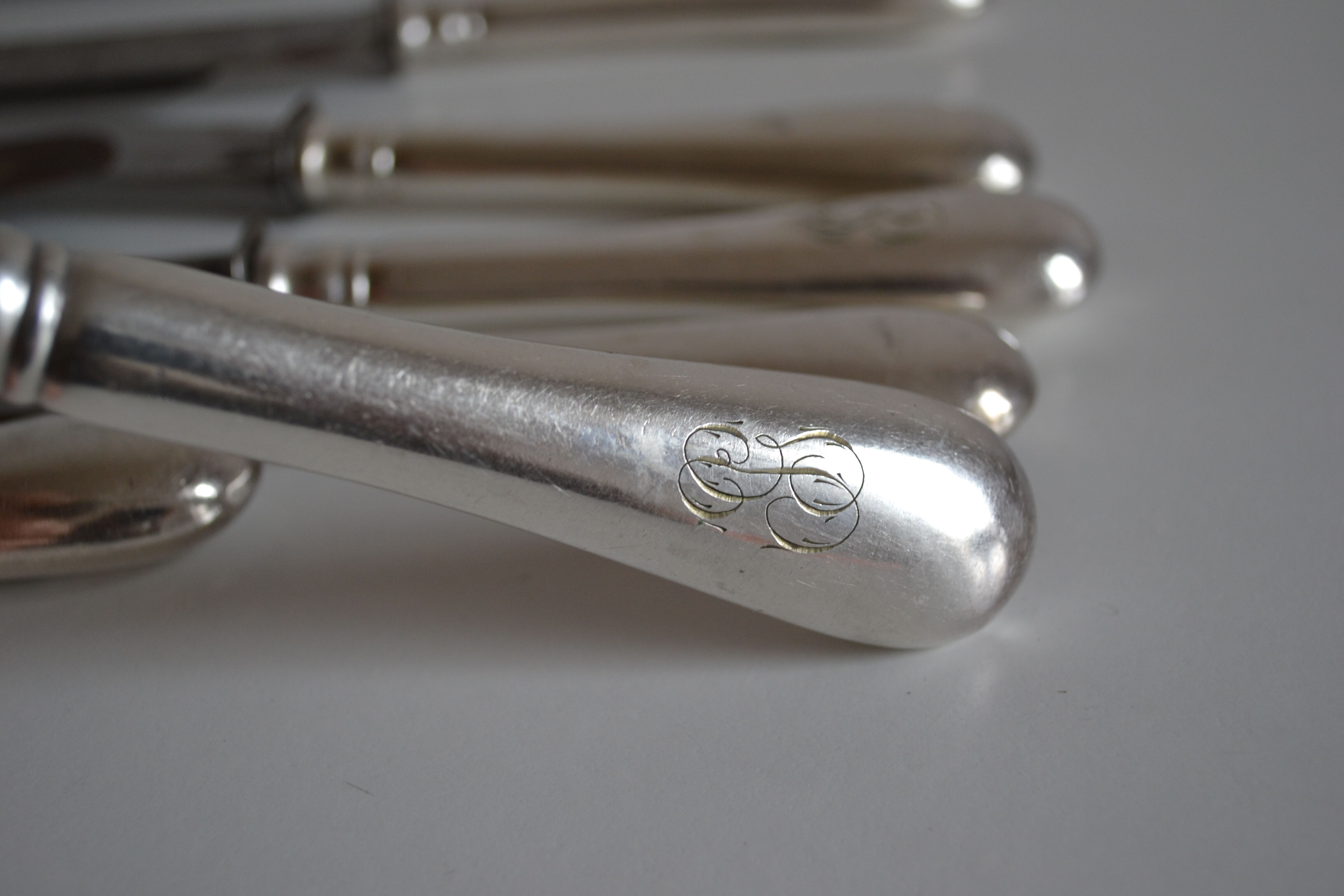 12 antique metal silver monogram table knives