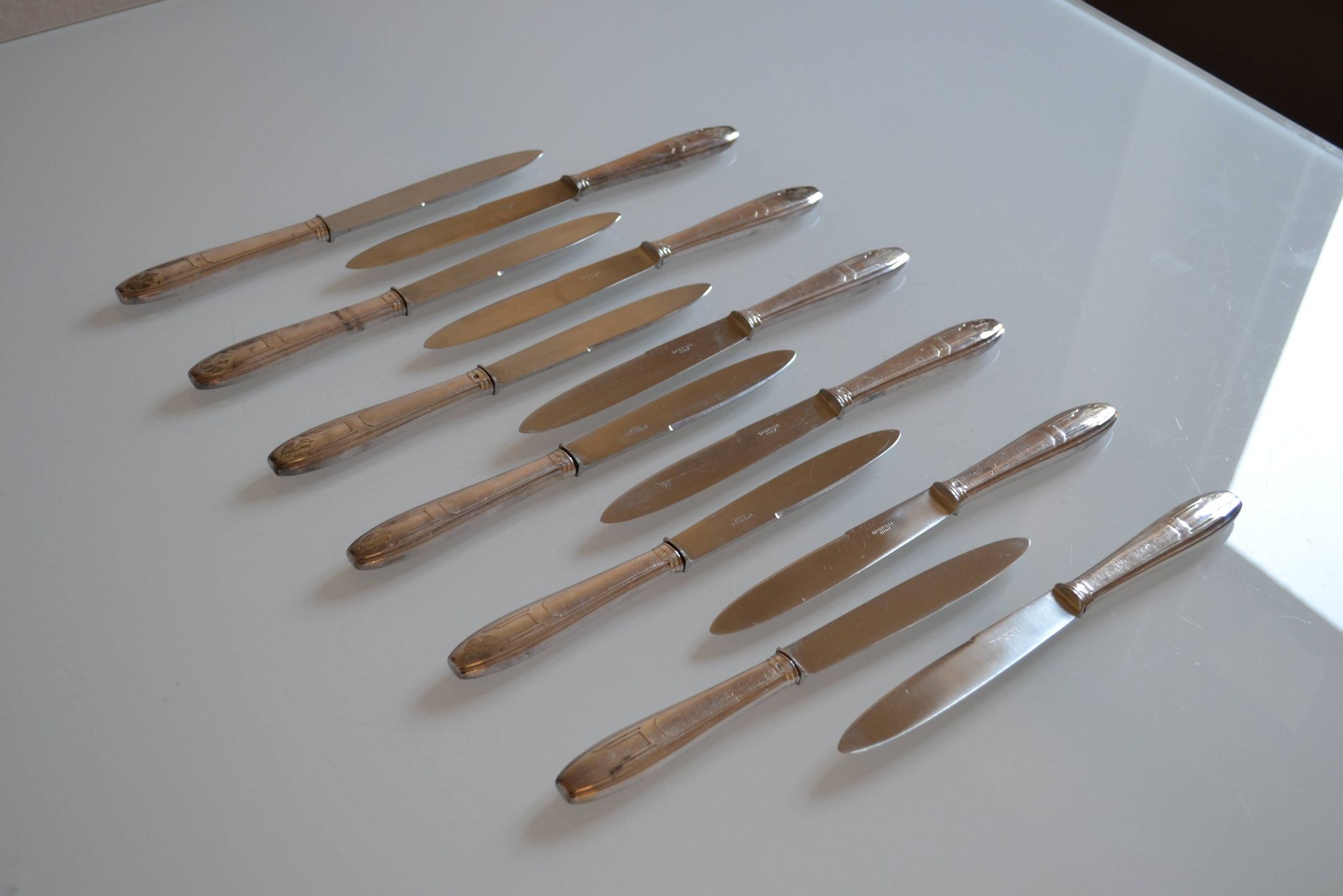 12 art deco table knives silver metal 25 cm monogram AR