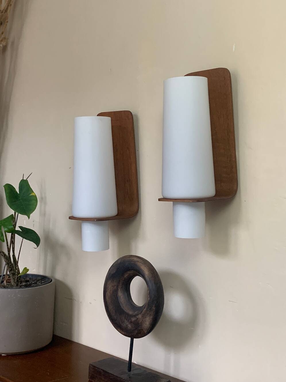 Vintage Scandinavian teak and opaline wall lights