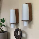 Vintage Scandinavian teak and opaline wall lights