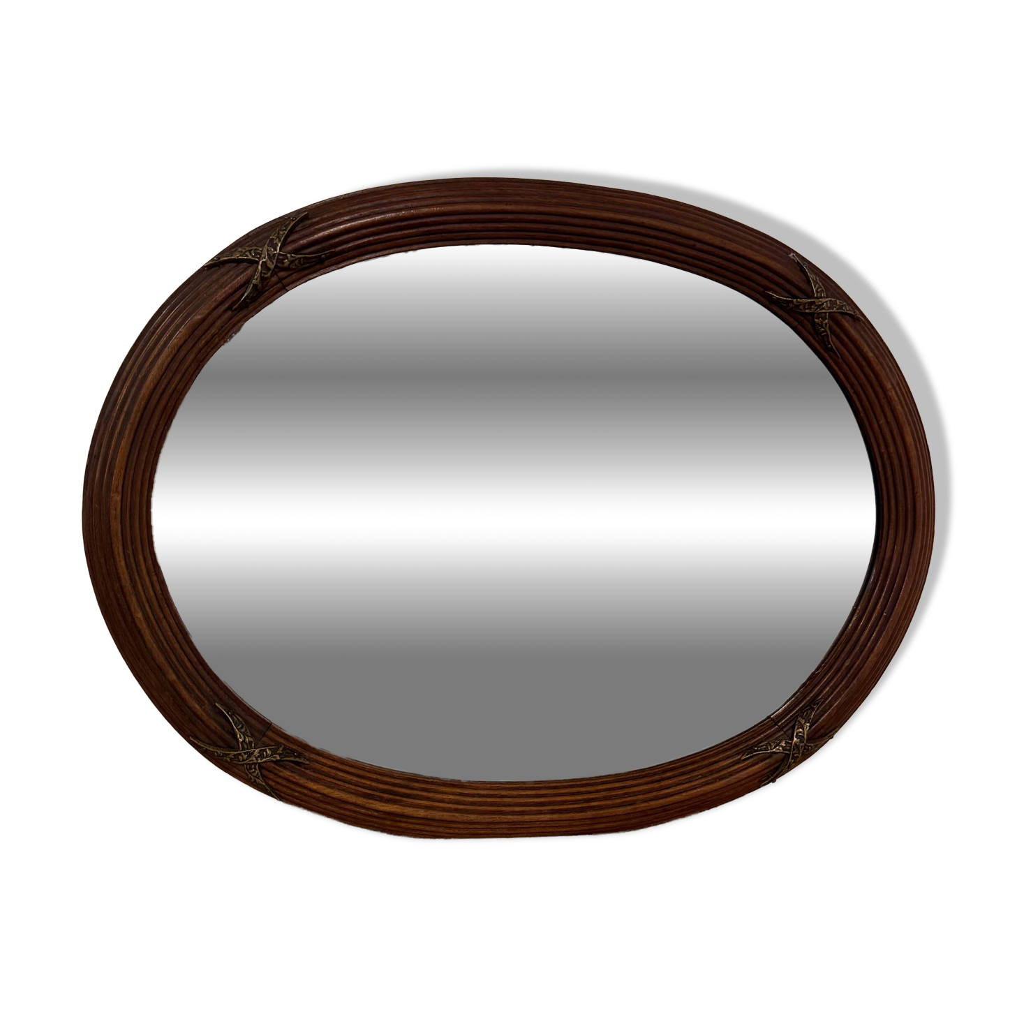 Antique Bevelled Oval Mirror Wood Frame & Bronze Decorations Louis XVI Style