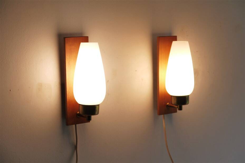 Pair of Danish teak and opaline glass wall lights