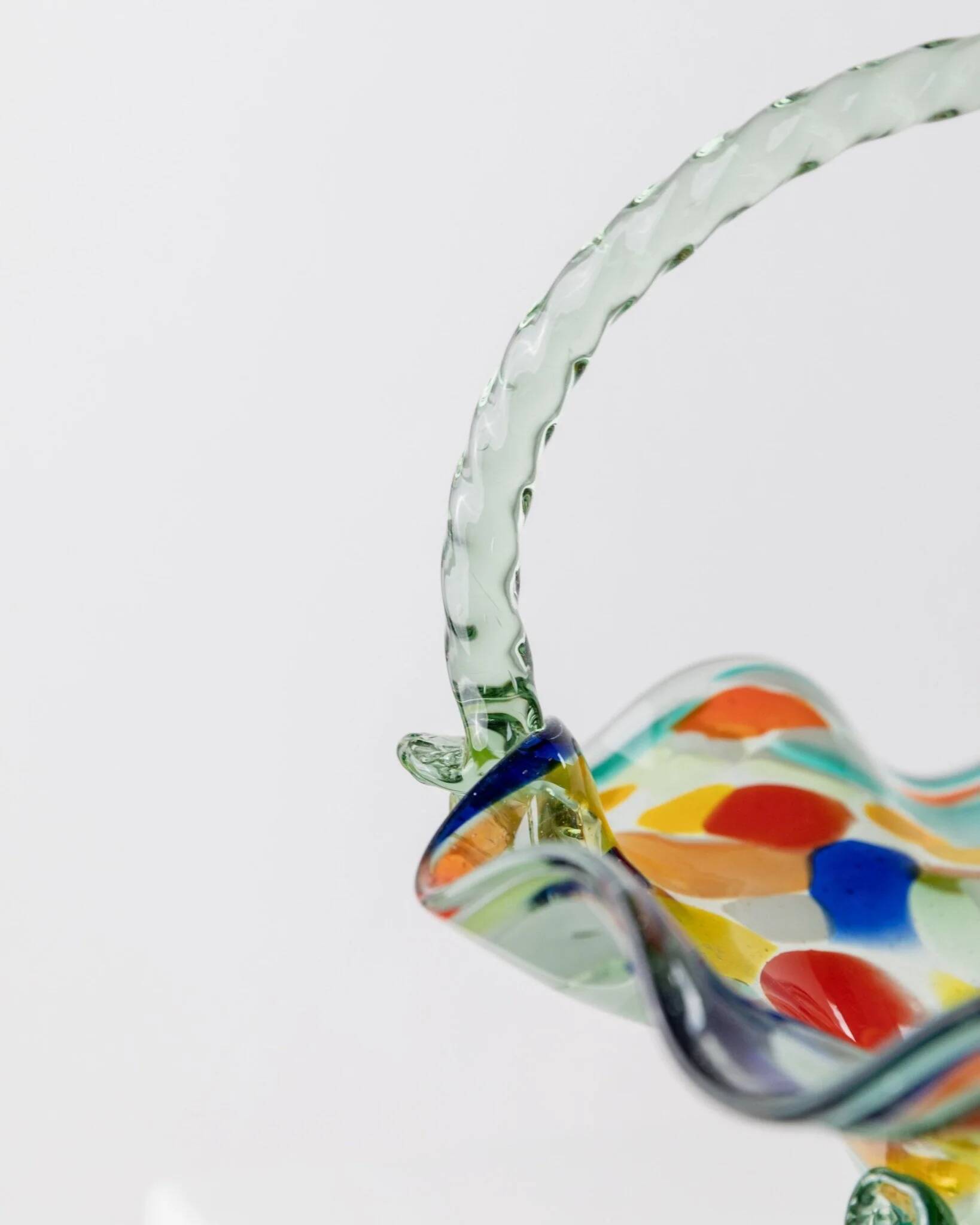Multicolor Murano Glass Handle Bowl with Polka Dots, Ruffled Rim – 1970s Italian Mid-Century