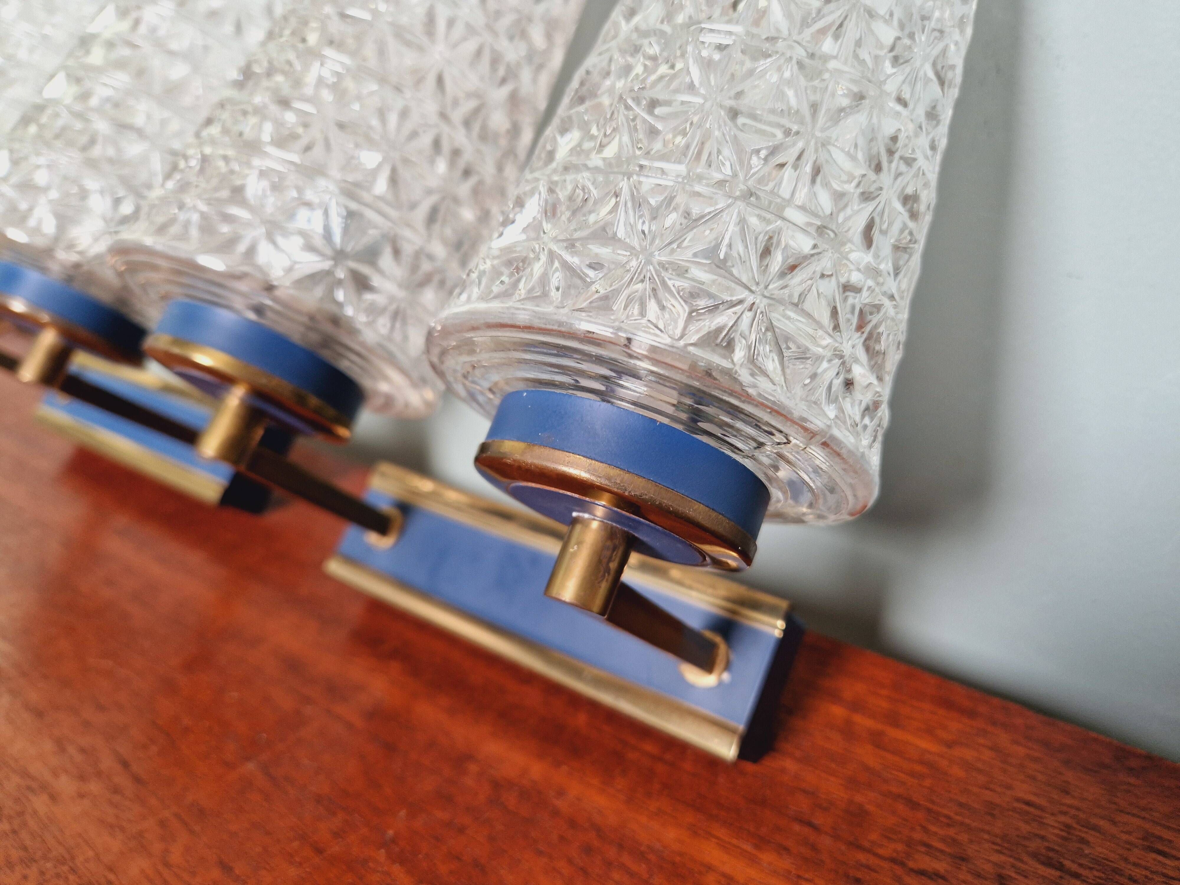 Pair of double wall lights in glass and blue lacquered metal, 1950s-60s