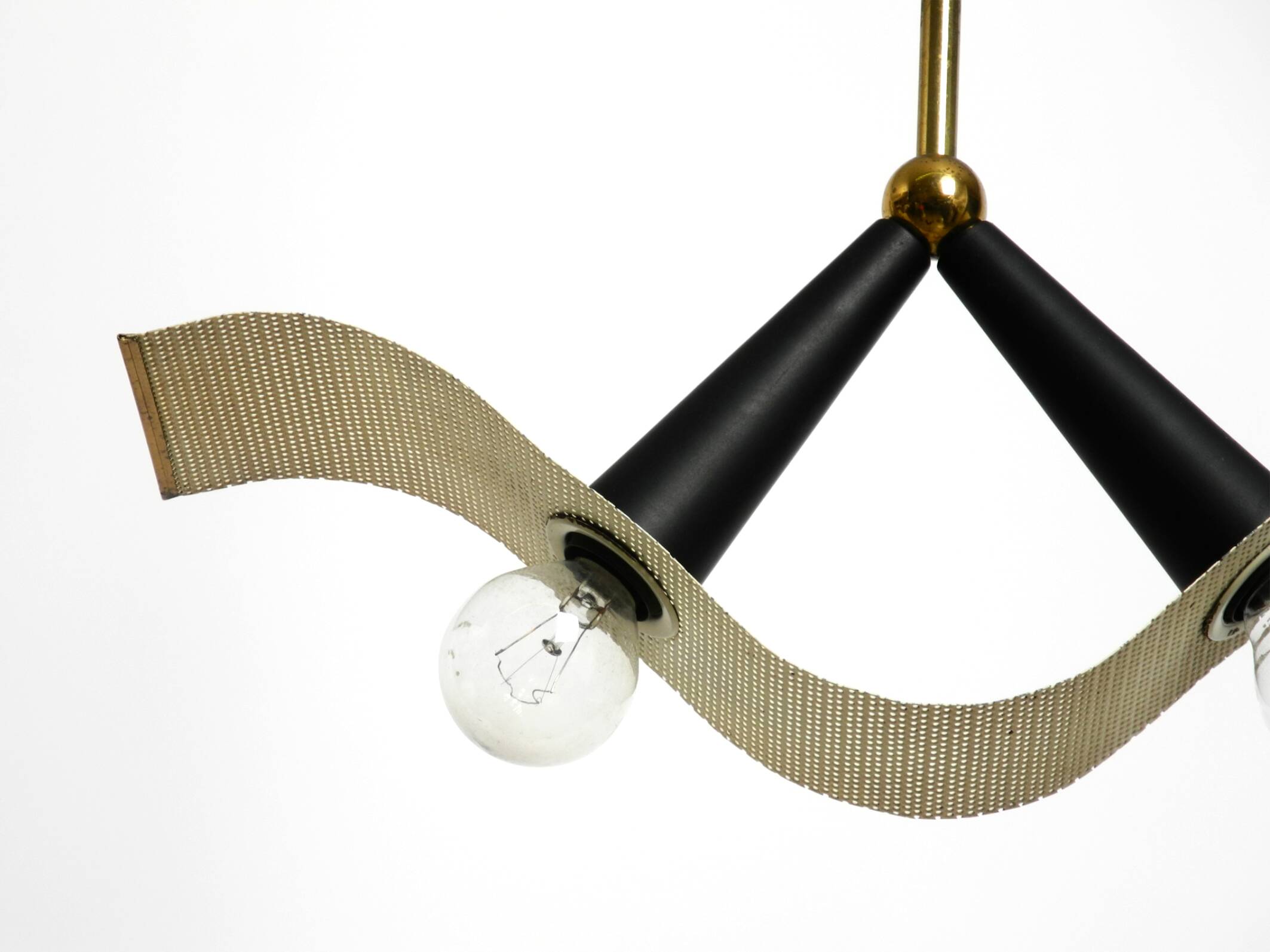 Mid Century brass ceiling lamp with a curved perforated sheet lampshade