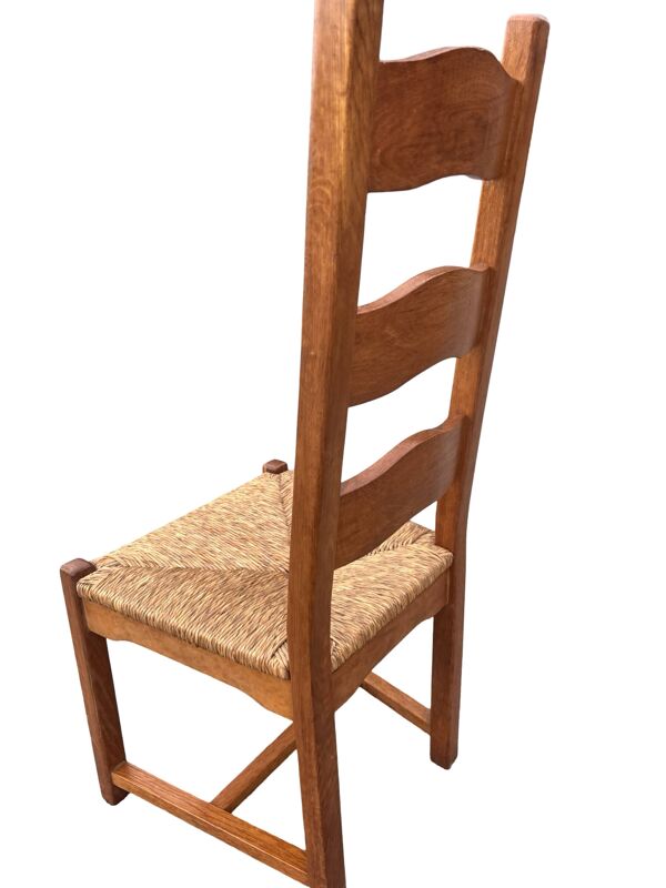 Ensemble vintage de 4 chaises de salle à manger en chêne et osier design des années 70, dossier haut.