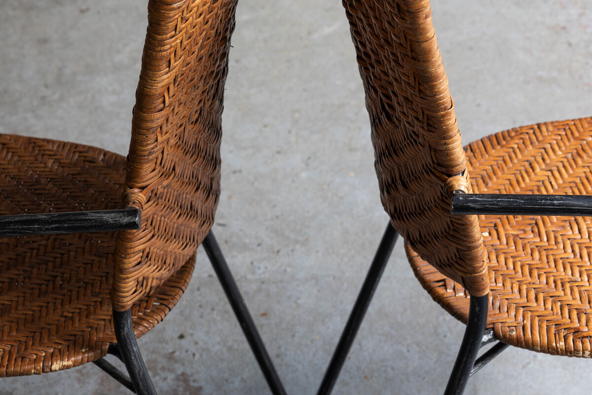 Set of 4 stackable dining chairs in steel and rattan, 1970s