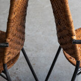 Set of 4 stackable dining chairs in steel and rattan, 1970s