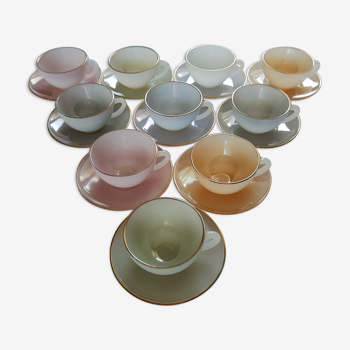 Set of 10 cups and under cups harlequin Arcopal France - vintage