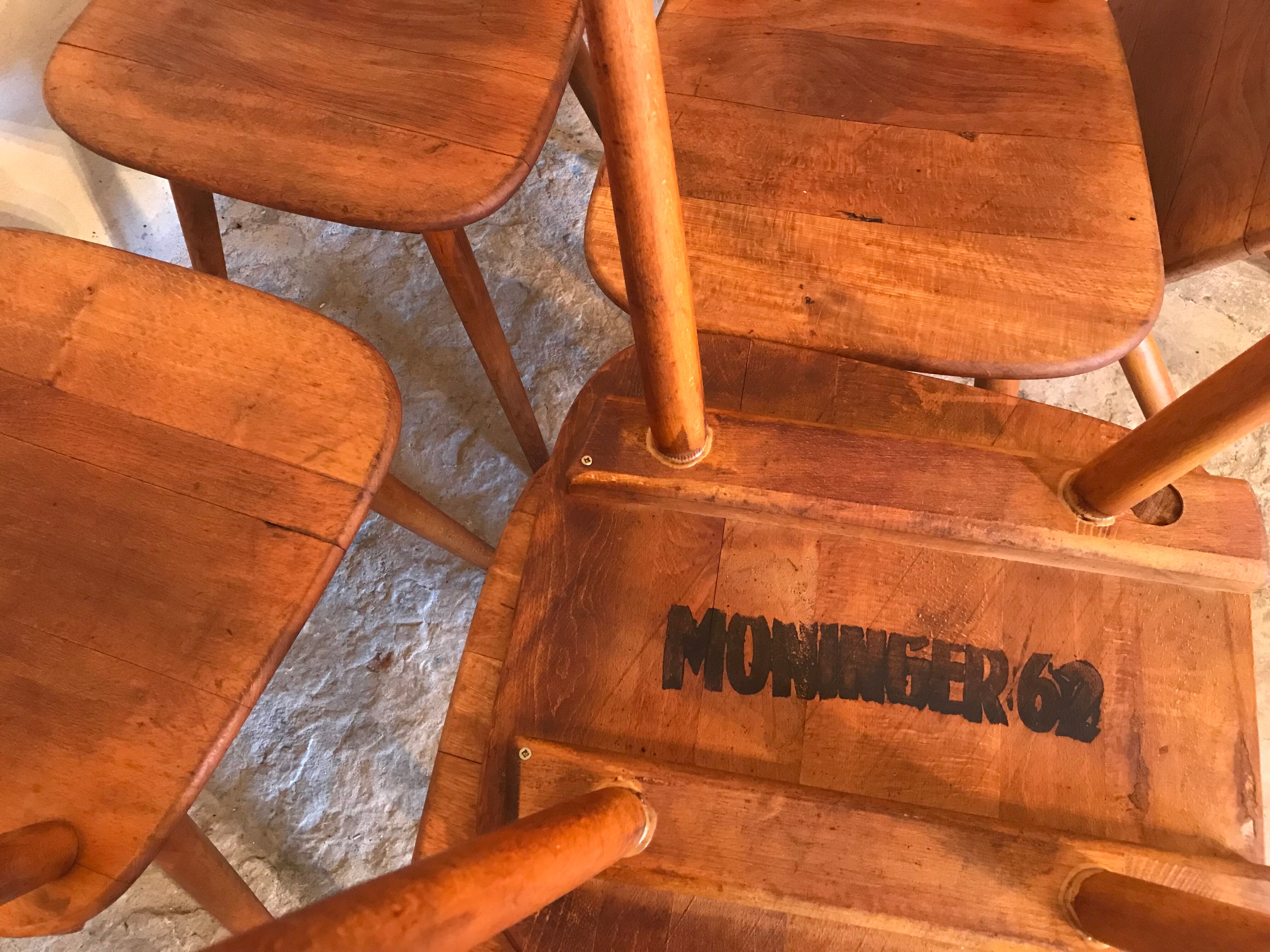 Set of 6 vintage solid wood chairs with compass legs 1960's