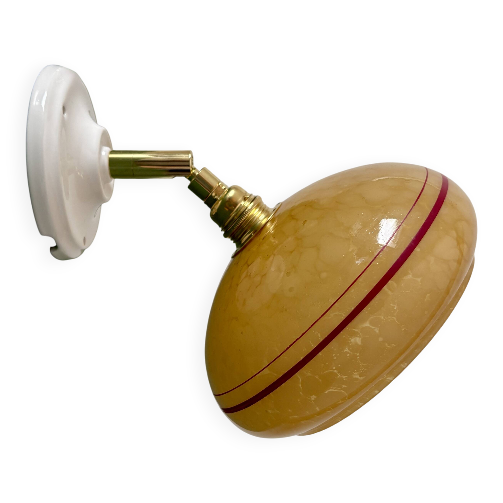 Vintage wall lamp with yellow clichy glass shade and red trim