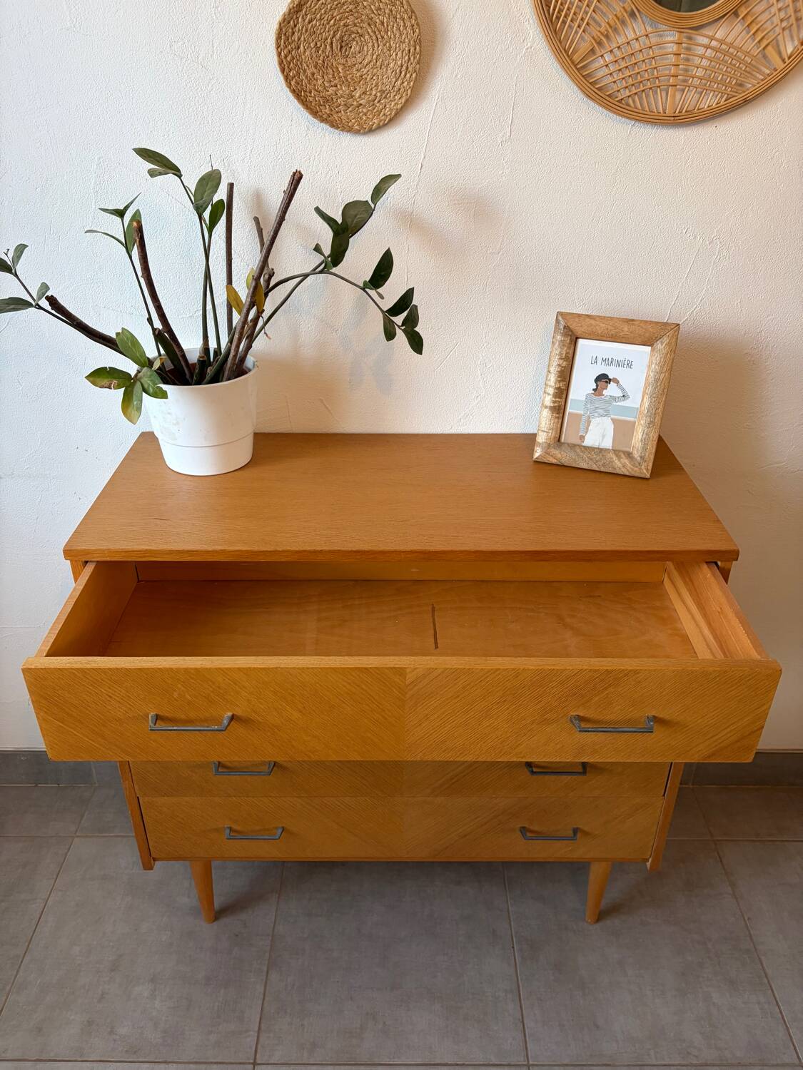 Vintage oak chest of drawers from the 1960s.