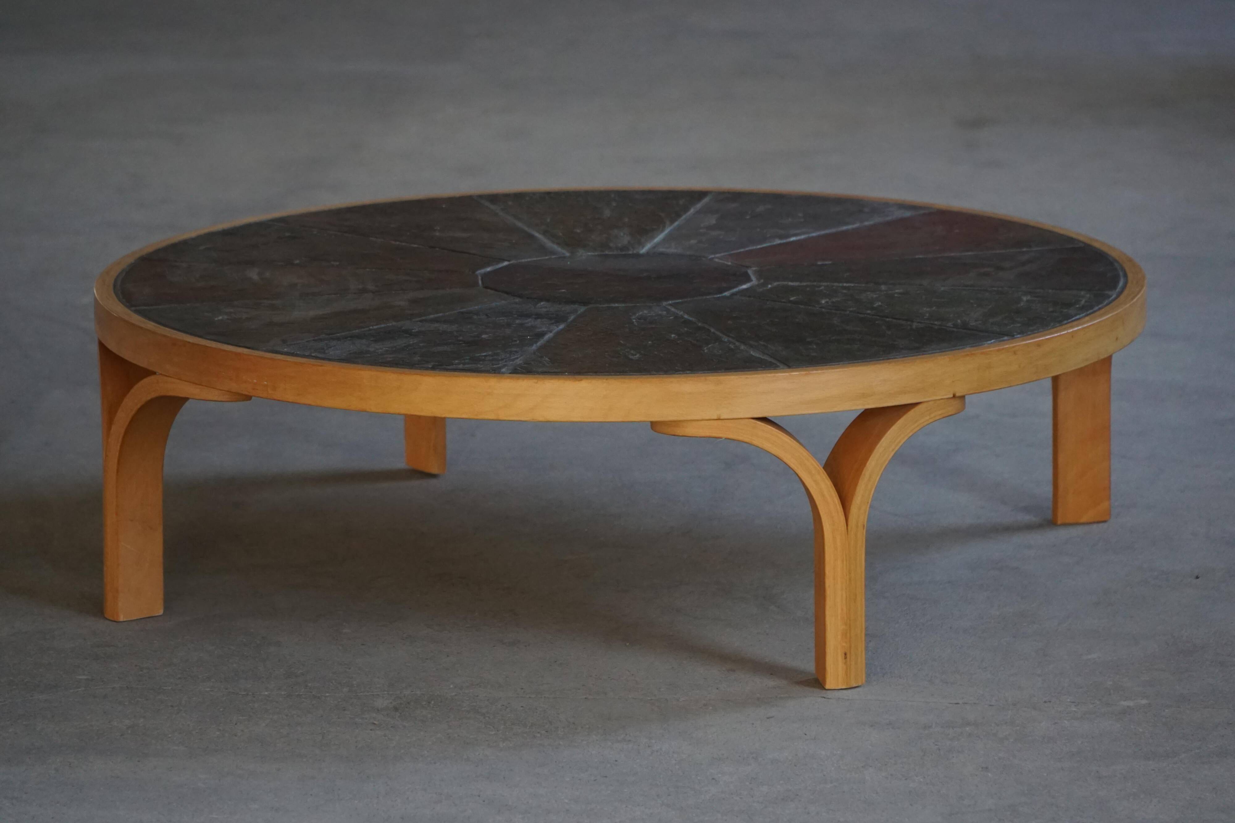 Danish coffee table from the mid-20th century, wooden frame and ceramic tiled top.