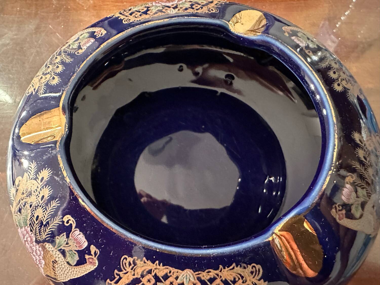 Cobalt Blue Enameled Ashtray, Golden Peacock and Floral Decor - Vintage Italy