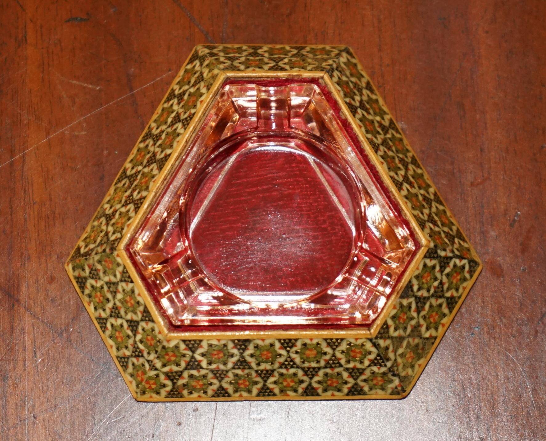 Antique Persian ashtray with triangular glass tray.