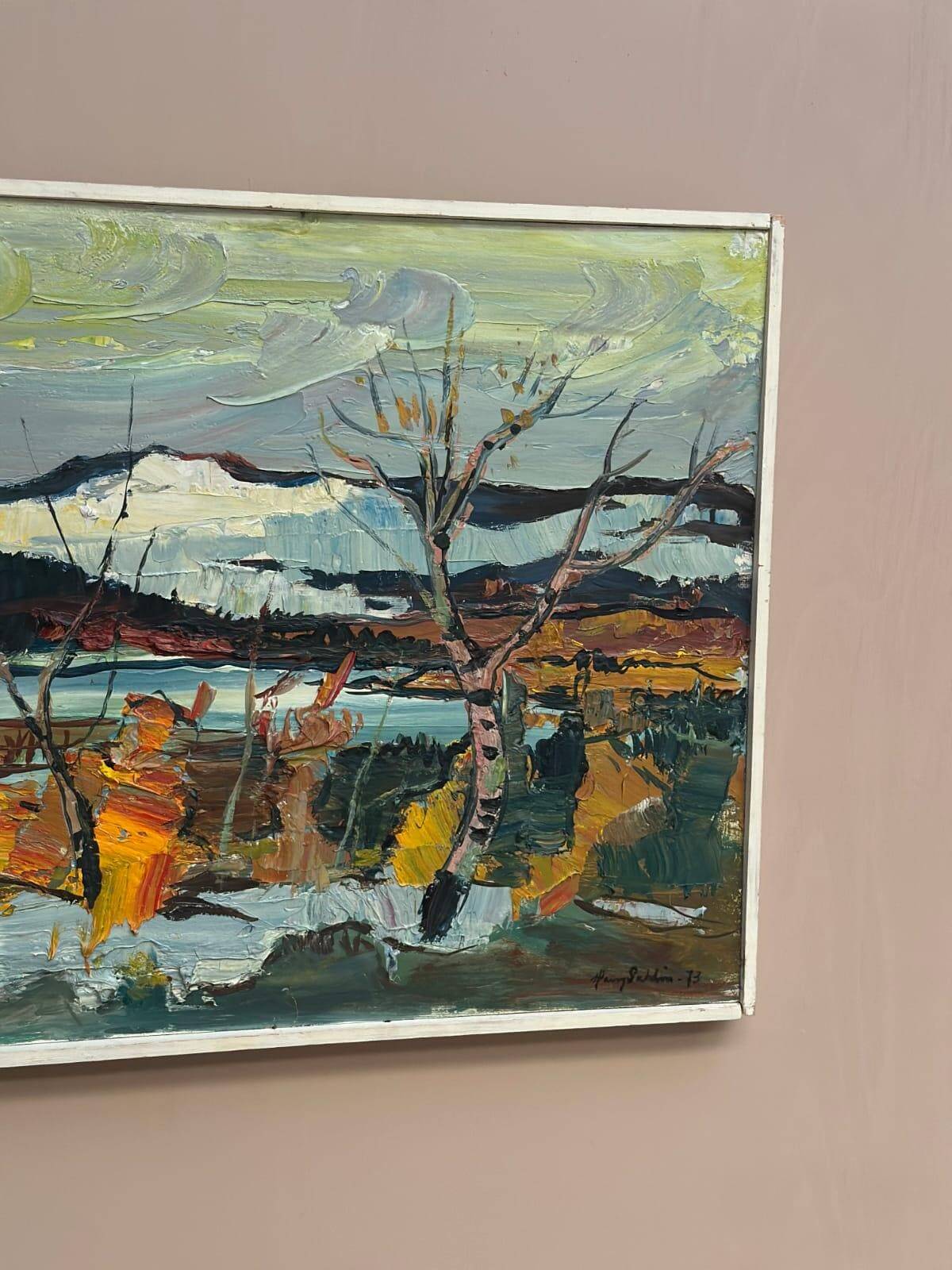 Original Swedish Oil on Panel – “Autumn Shore” by Harry Sahlin – Dated 1973