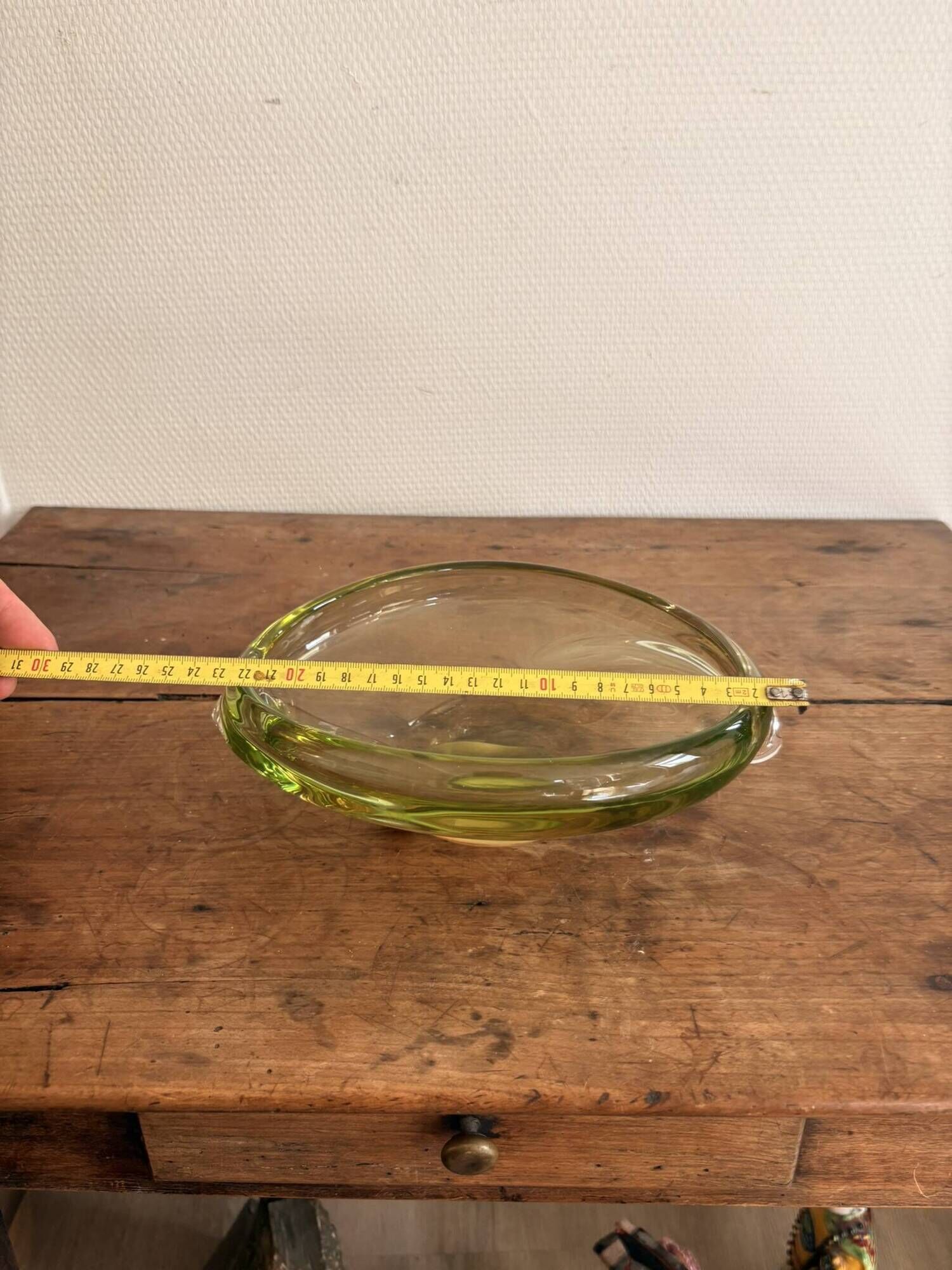 Old Pocket Bowl Fruit Dish Green Olive Crystal Bohemian Czechoslovakian