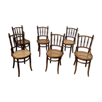 Lot 6 anciennes chaises cannées de bistrot bois marque fischel début xx eme