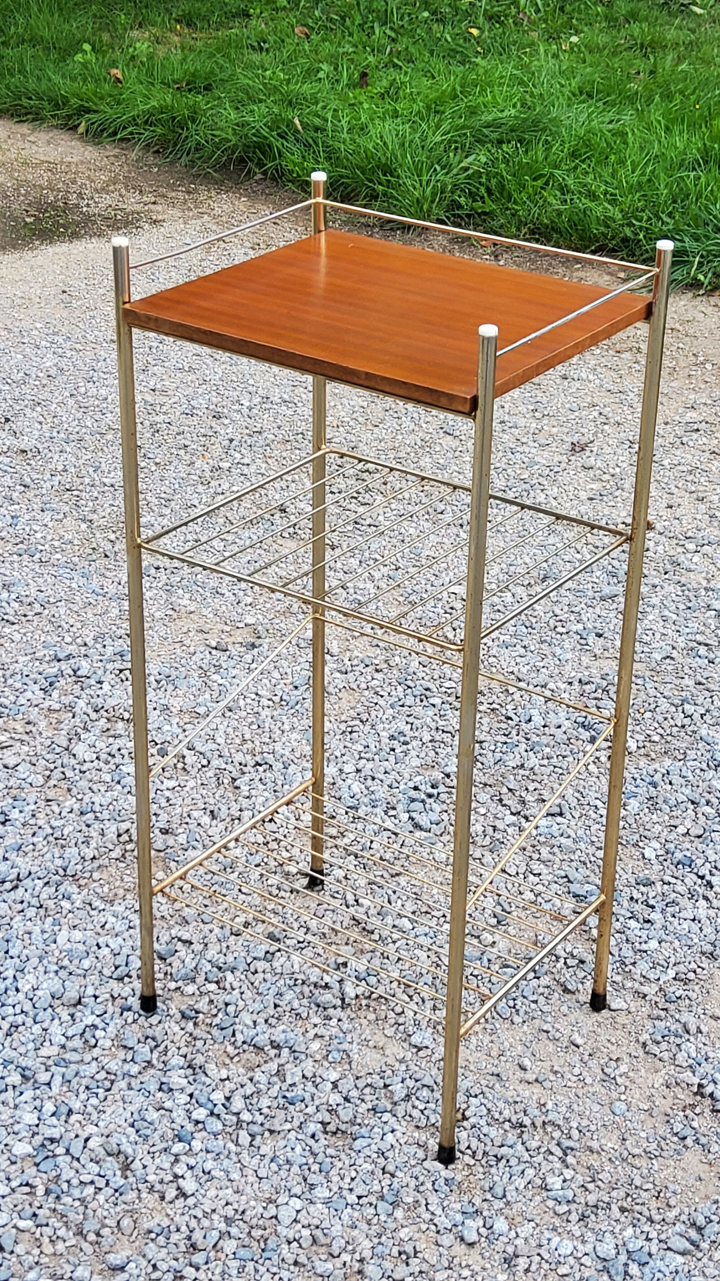 Bedside table from the 50s in gold metal and blond mahogany