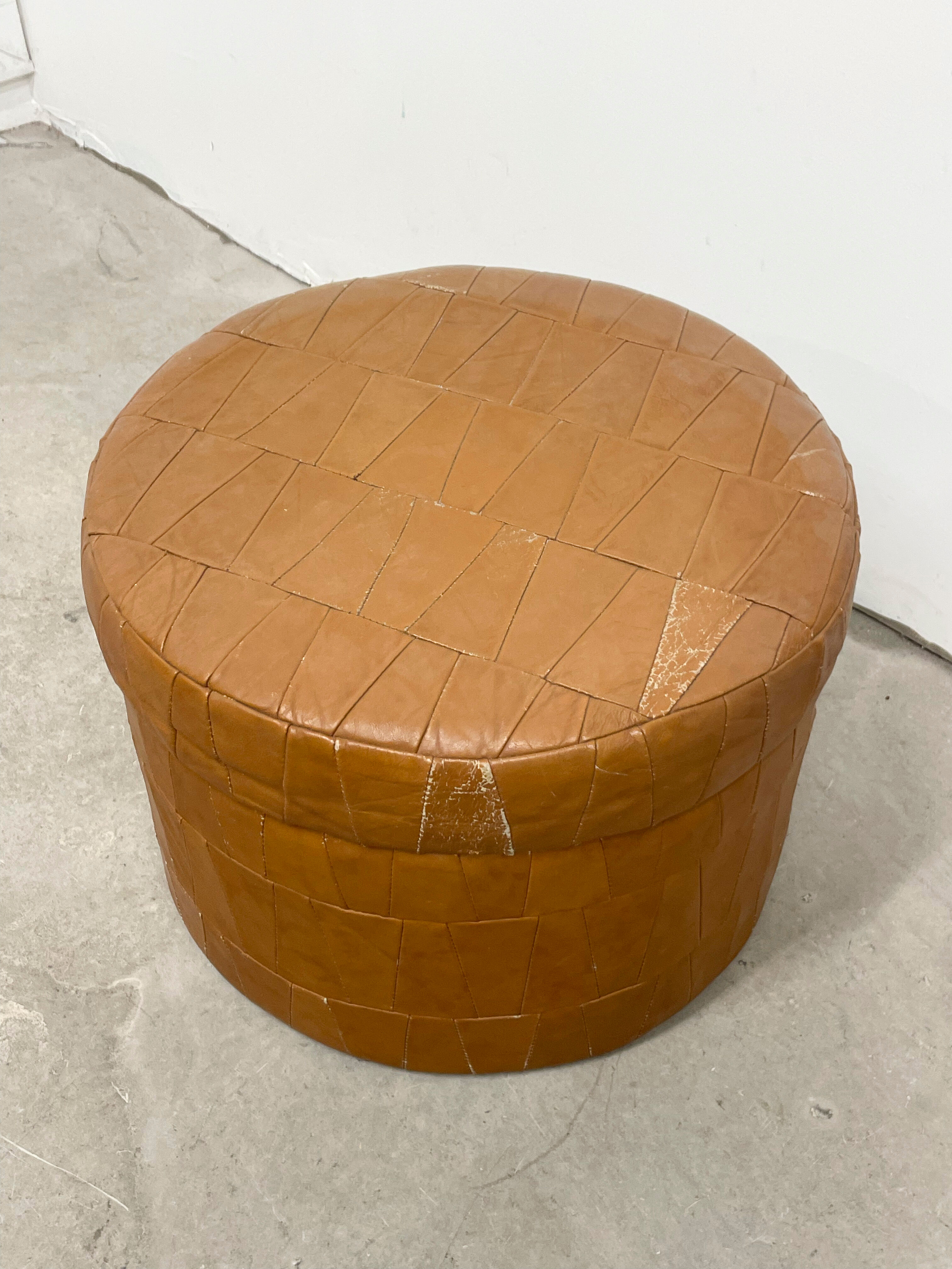 Brown leather patchwork storage pouffe