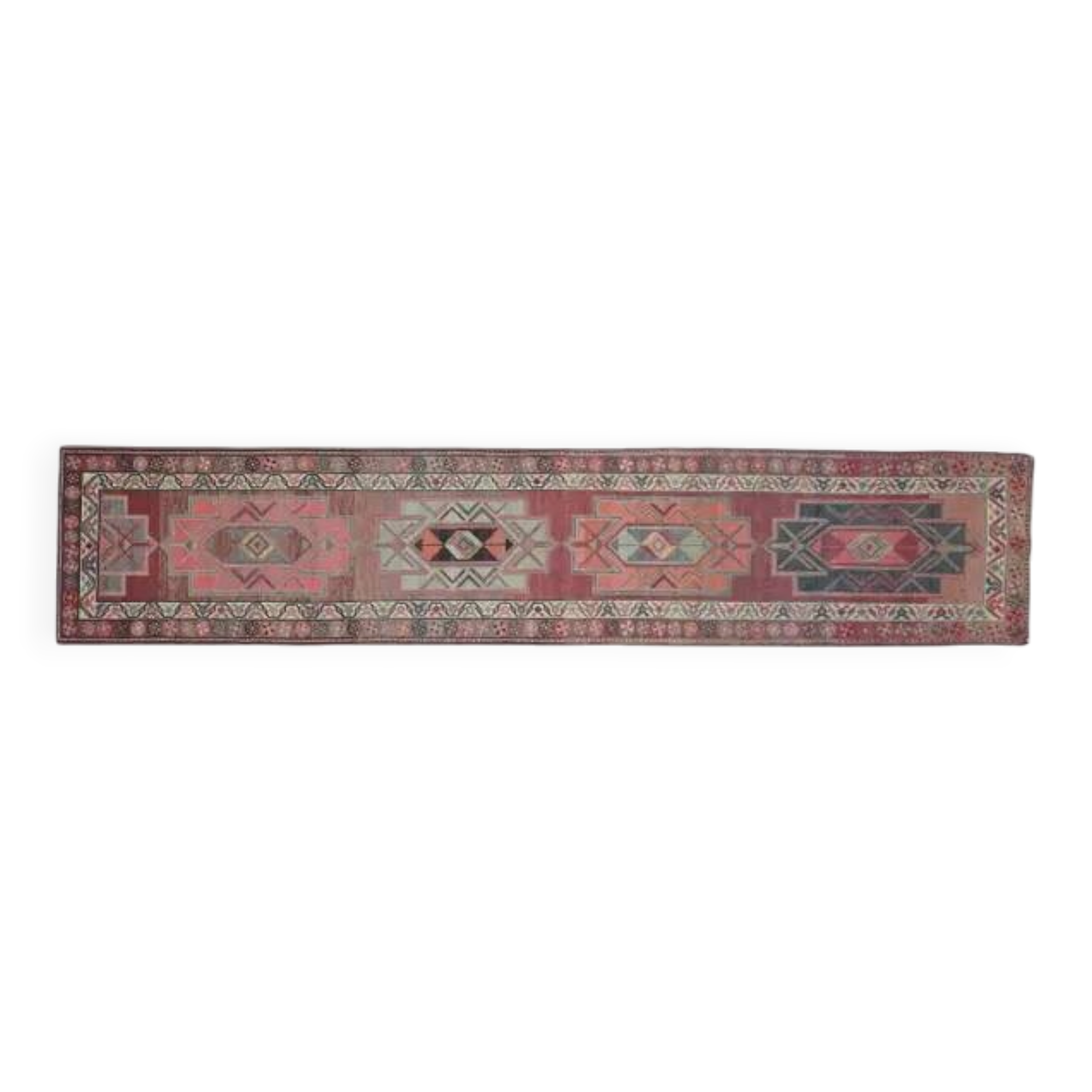 1970s Vintage Turkish Oushak Handmade Wool Cotton Pink Runner Rug 84x416