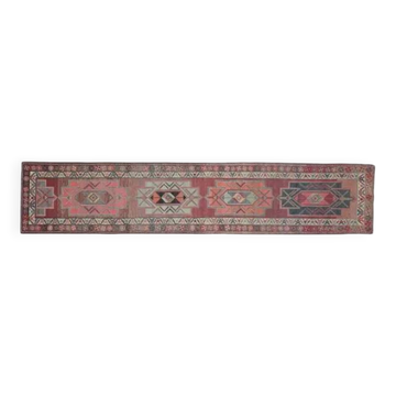 Tapis coureur vintage turc Oushak fait main en laine et coton rose des années 1970 84x416