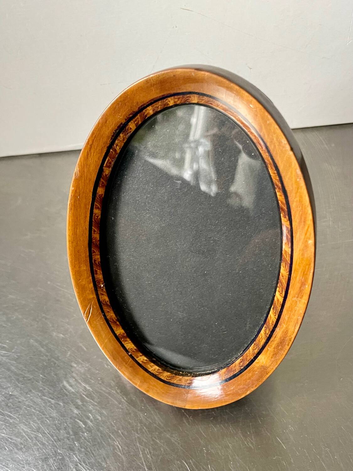 Antique Oval wooden frame with intarsia inlay 15.5 cm x 10 cm