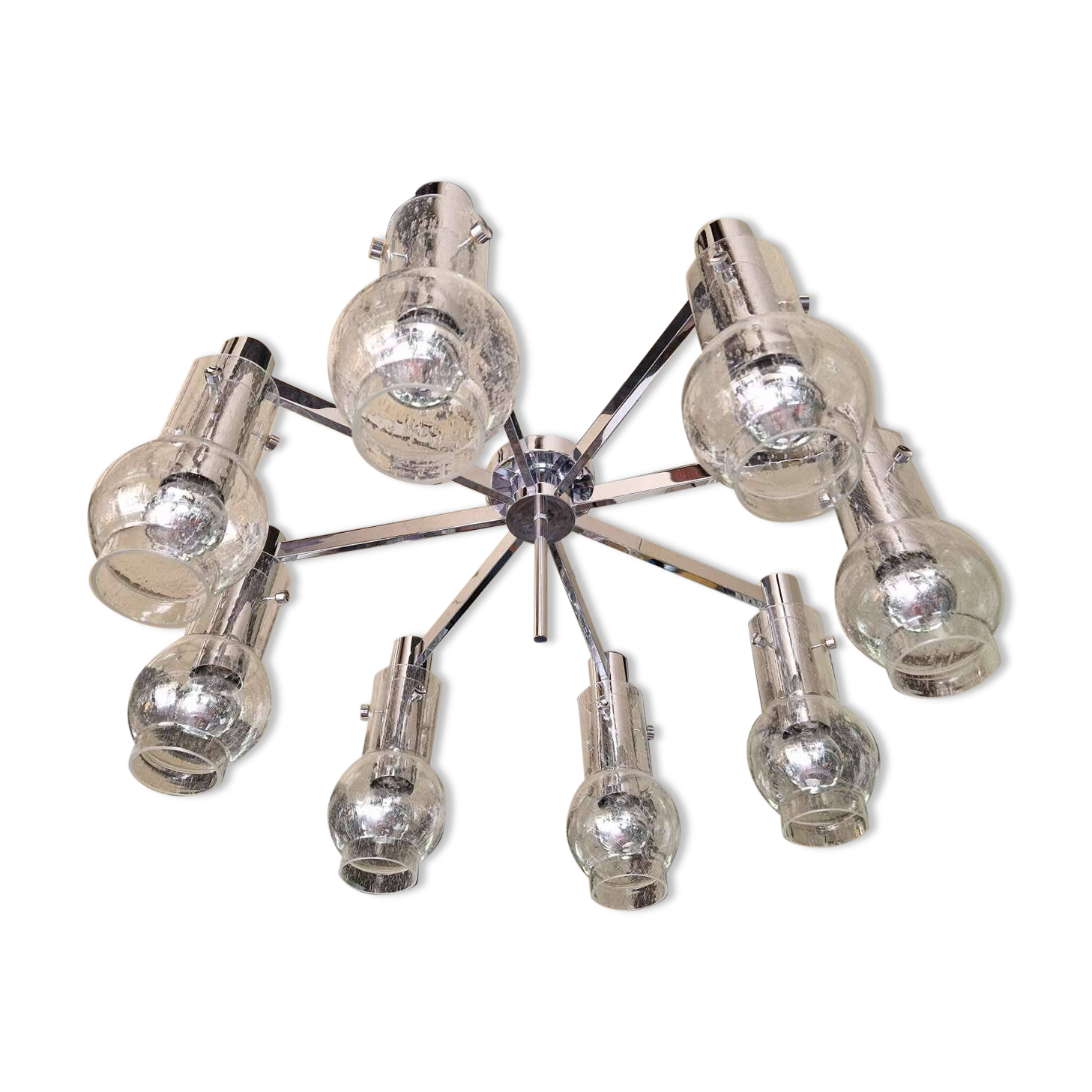 Large ceiling light/chandelier in chromed metal and bubbled blown glass, 1970s
