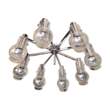 Large ceiling light/chandelier in chromed metal and bubbled blown glass, 1970s