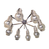Grand plafonnier/lustre en métal chromé et verre soufflé bullé, années 1970