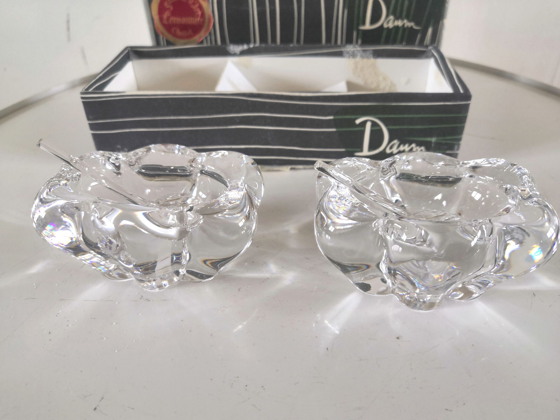 Salt and pepper shaker signed Daum design 70s in their original box