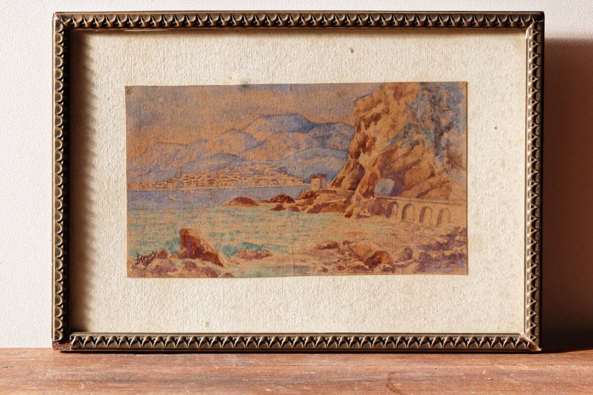 Signed watercolor, red rocks of Menton