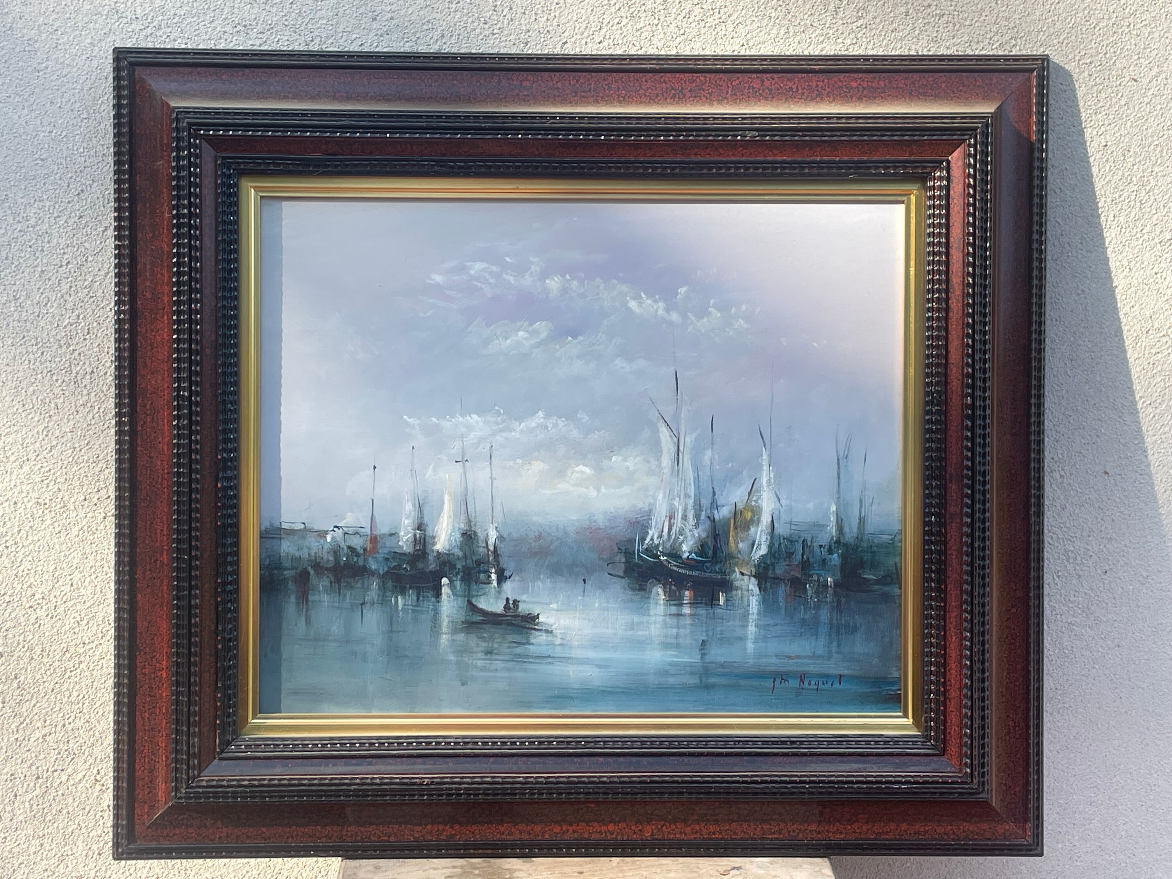 Oil on animated marine panel, moored boats signed Noquet