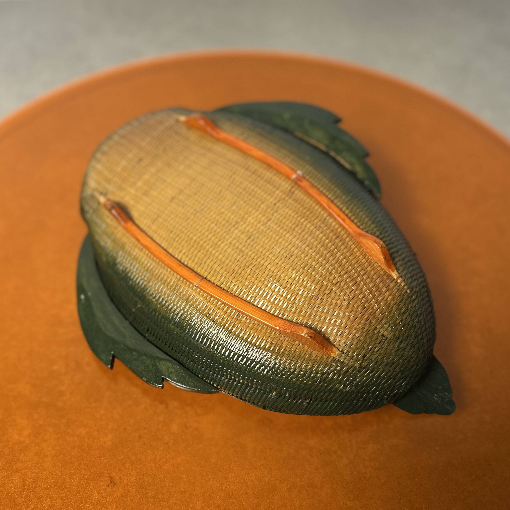 Vintage “Shanghai Weave” Duck Tray, Green Wicker & Carved Wood, 1970s
