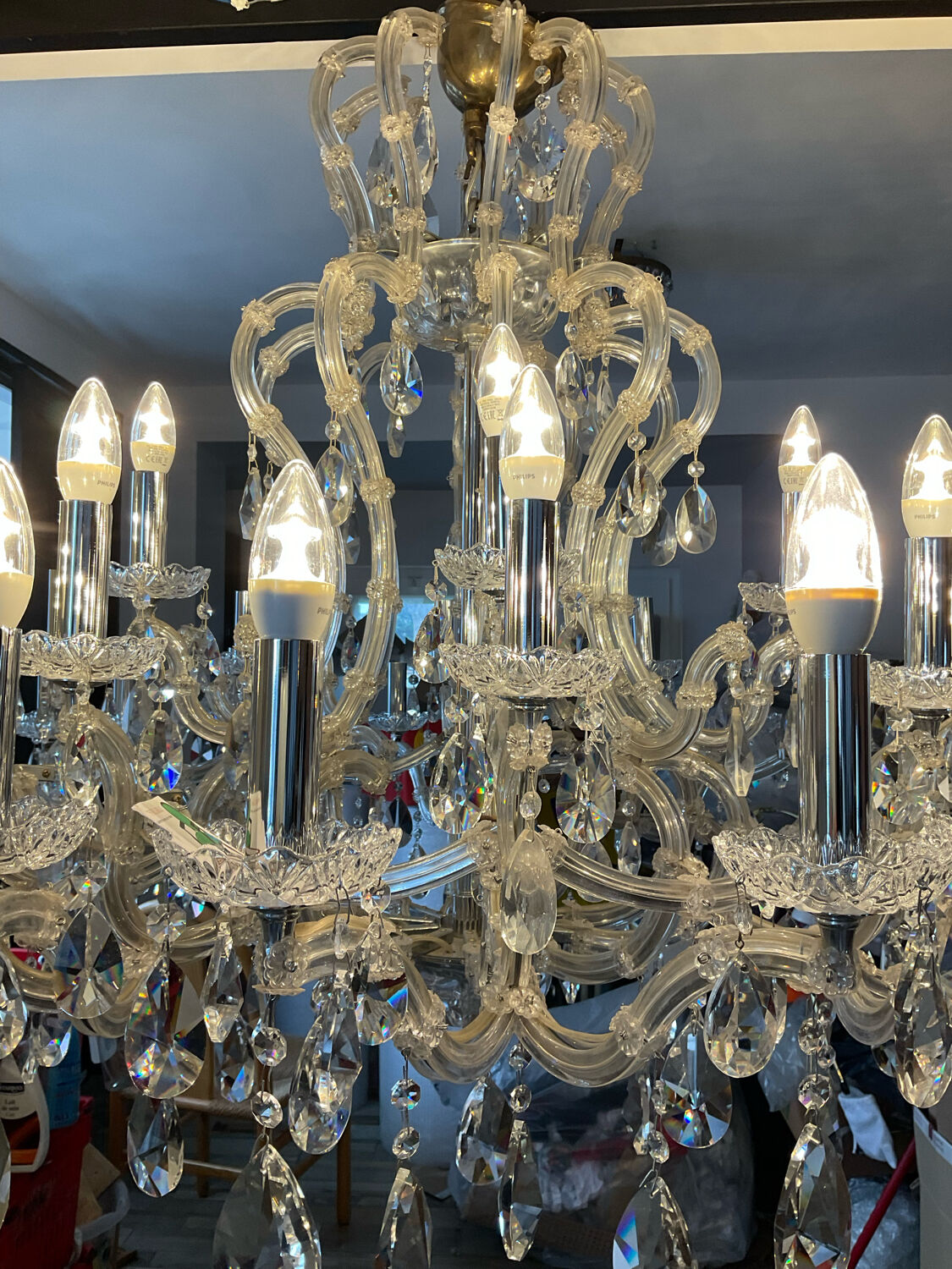 Chandelier 35 Murano glass lamps and crystal tassels D120cm