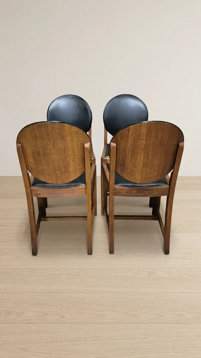 Set of four vintage wooden dining chairs with black leather upholstery, 85 × 45 × 45 cm