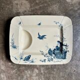 Large rectangular meat platter Gien in blue ironstone, "Birds" service circa 1870.