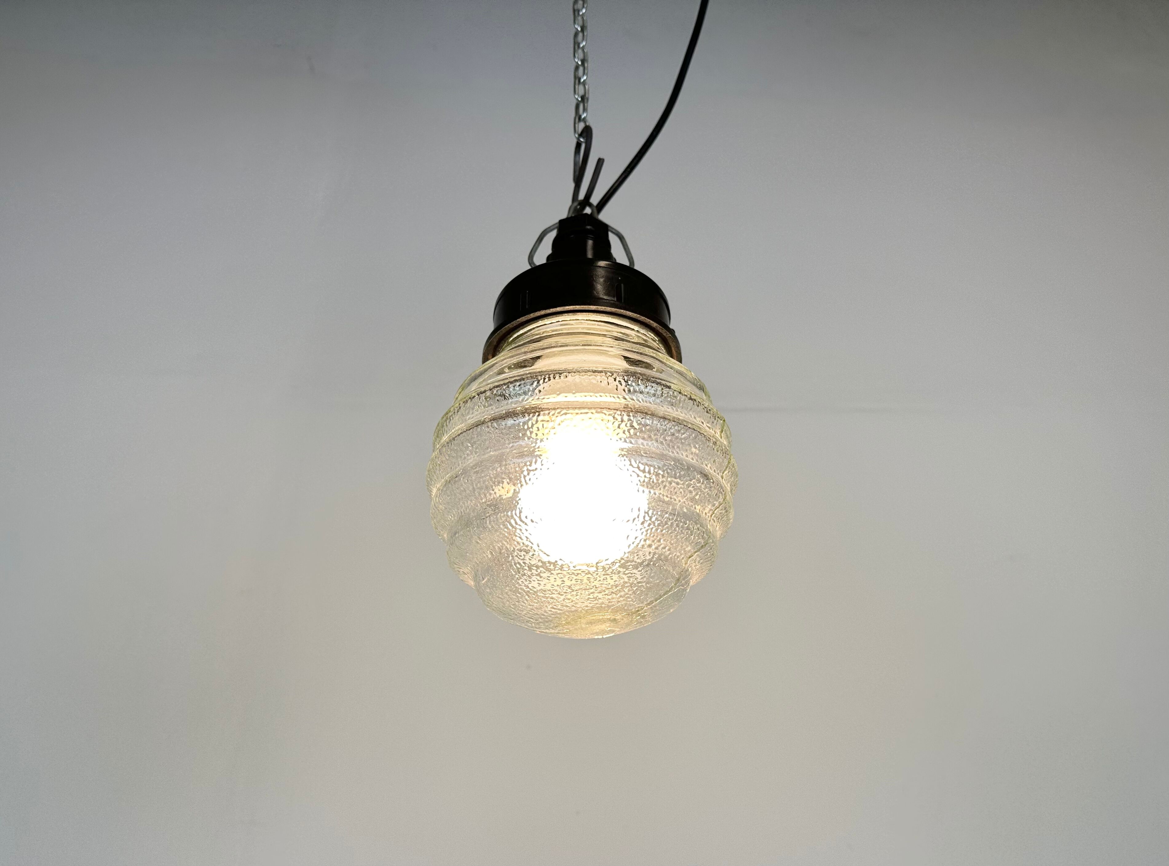 Industrial Bakelite Pendant Light with Ribbed Glass, 1970s