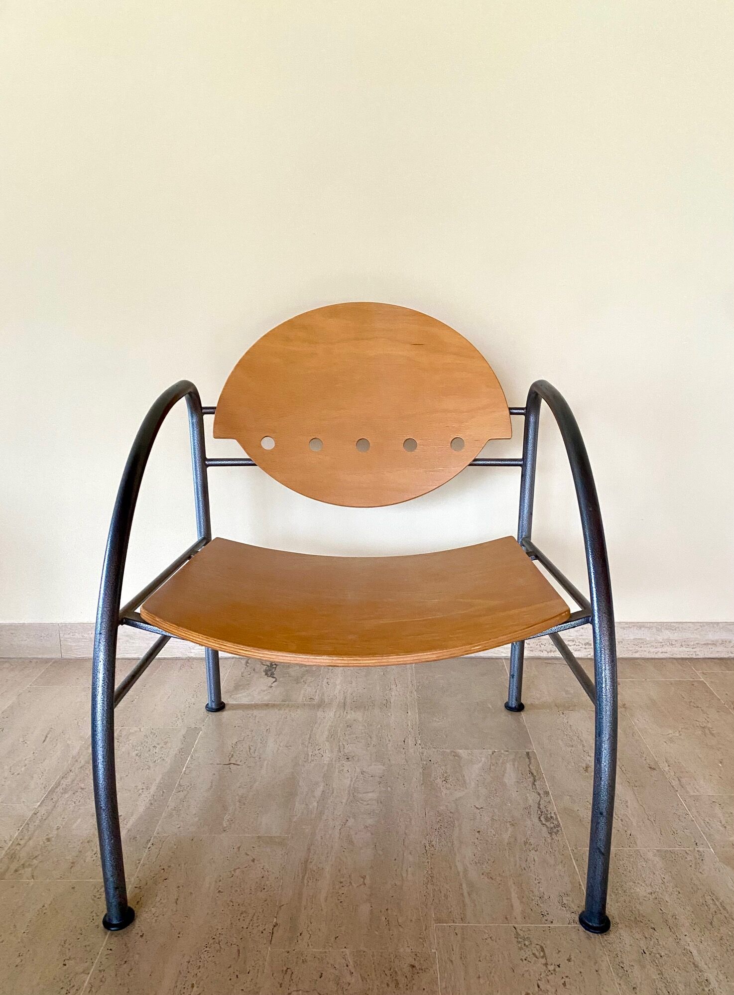 Pair of wooden and steel armchairs, 1980's