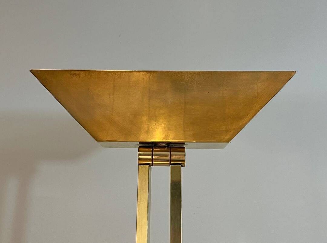 Brass Floor Lamp with Adjustable Reflector on a Timber Base