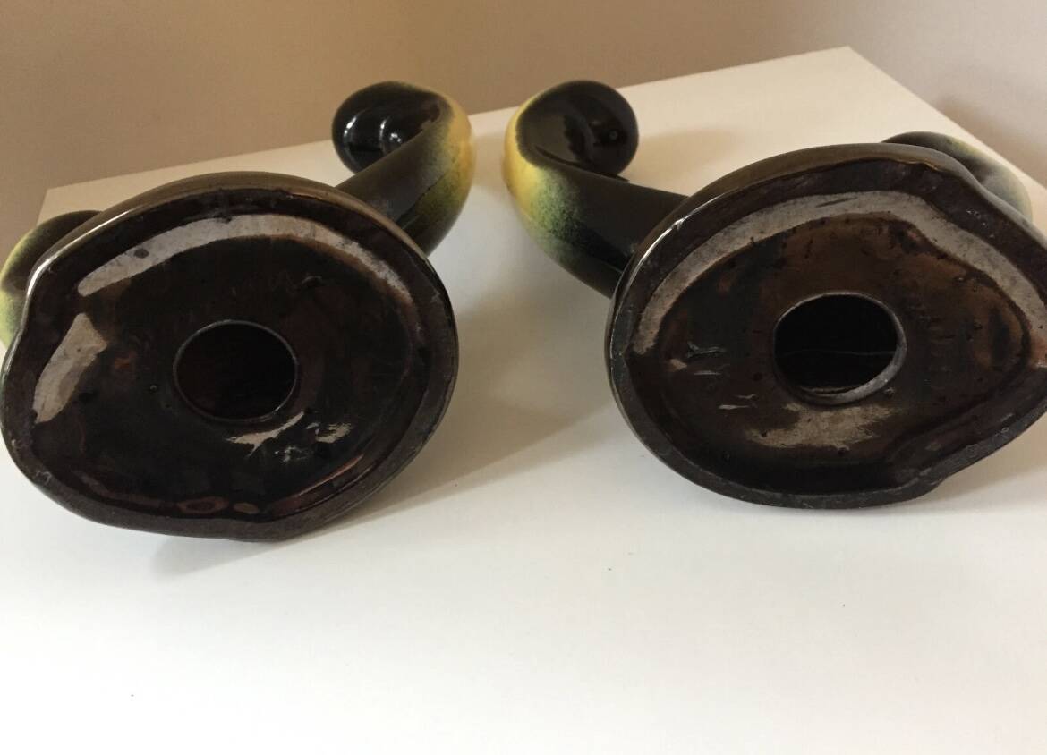 Pair of 1950s candlesticks in yellow and black ceramic in the Vallaur style
